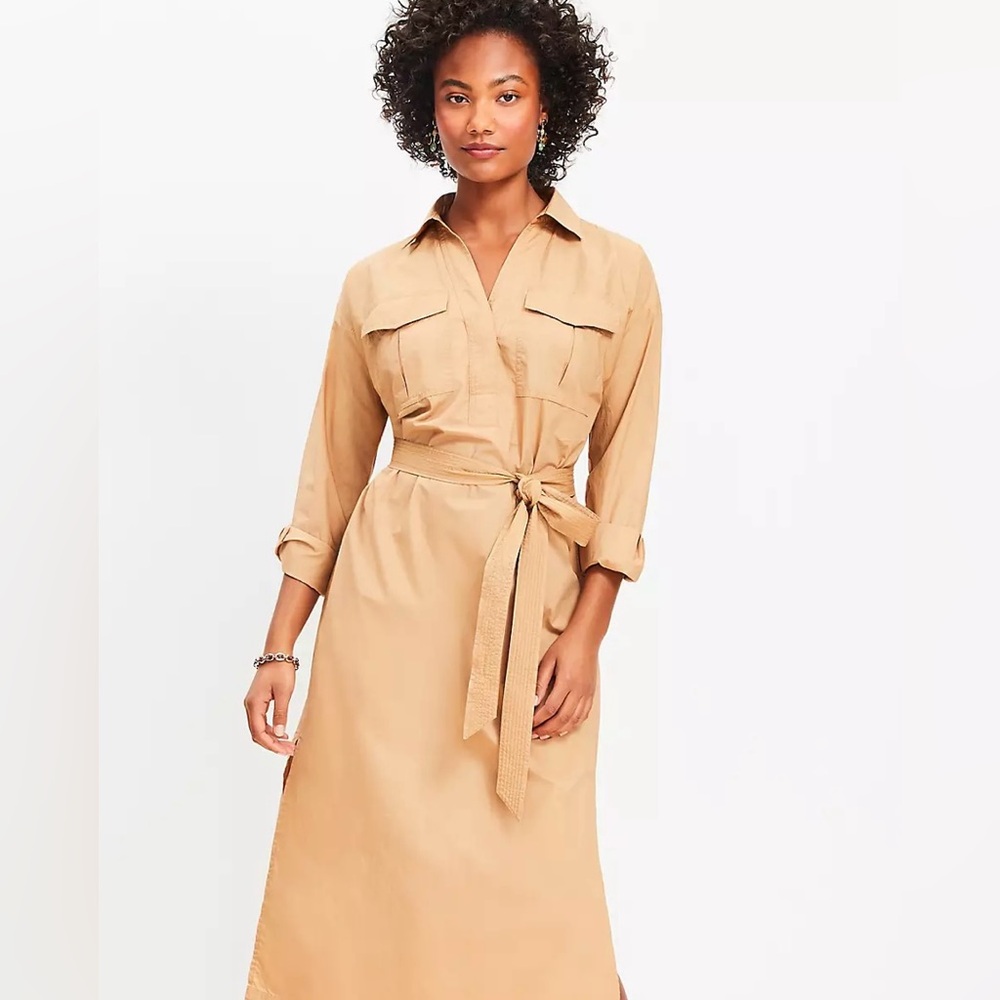 Loft shirt dress, tie belt at waist, 16” side slits, 100% cotton